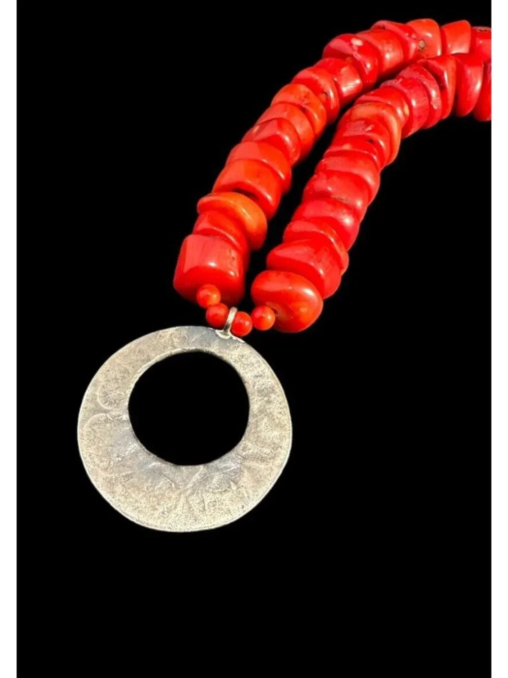 Necklace Red Coral Beaded Sterling Silver Floral Hoop Pendant Toggle Clasp